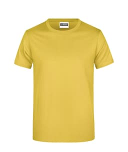 A yellow T-shirt featuring a logo, with a classic crew neck and short sleeves.