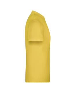 A yellow T-shirt displayed from the side, featuring a simple design and a logo on the chest.