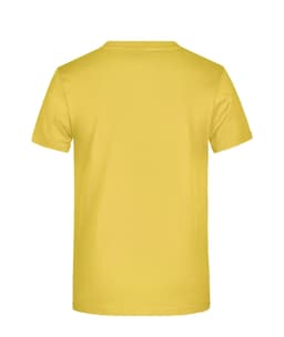 A yellow T-shirt featuring a plain back design and a logo on the upper back.