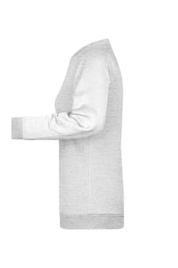 A light grey ladies' sweatshirt displayed from the side, featuring a simple design and a logo.