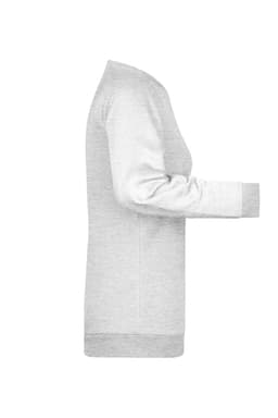 A grey ladies' jumper with a relaxed fit, featuring long sleeves and a ribbed hemline. It has a logo.