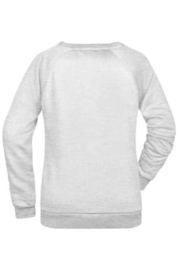 A grey ladies' sweater with a crew neck and long sleeves, featuring a logo on the back.