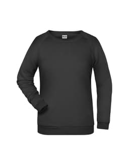 A black ladies' sweater with a crew neckline and long sleeves, featuring a plain design and a logo.