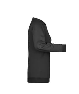 A black ladies jumper with a simple design, featuring long sleeves and a rounded neckline. It has a logo on it.