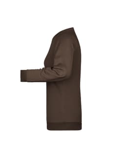 A brown ladies' jumper with a relaxed fit and long sleeves, featuring contrasting cuffs. It has a logo on the side.