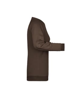 A brown ladies' sweater featuring long sleeves and a fitted design, with a simple logo on the side.