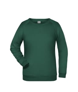 A green ladies' sweatshirt with a crew neckline and long sleeves, featuring a branding logo.