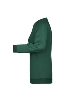 A green ladies' sweater featuring a simple design and a logo, shown from the side.