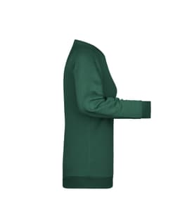 A green ladies' sweater with a fitted silhouette and long sleeves, featuring a logo on it.