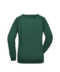 A green ladies' sweatshirt featuring a classic design and a small logo on the back.
