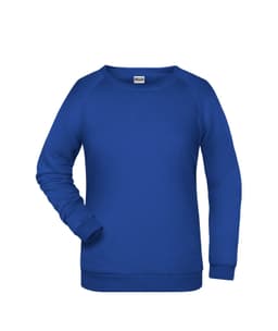 A blue ladies' sweatshirt with a round neckline and long sleeves, featuring a logo.