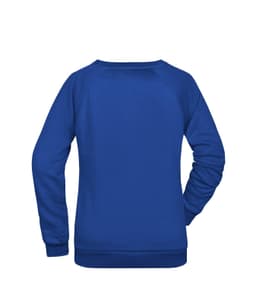 A blue ladies' promo sweatshirt with a simple design and a logo on the back.