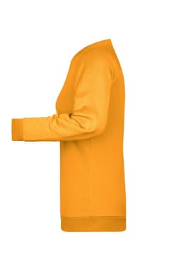 A yellow ladies' sweater featuring long sleeves and a relaxed fit. It has a logo on the garment.