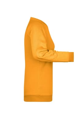 A side view of a long-sleeve jumper in vibrant yellow, featuring a logo.