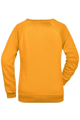 A women's sweater in vibrant yellow with a simple design, featuring a logo on the back.