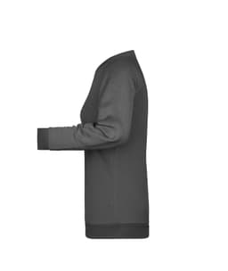 A grey ladies' sweatshirt with long sleeves, featuring a side view and a logo on the front.