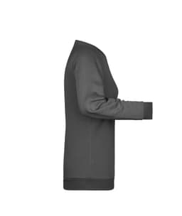 A grey ladies' jumper with long sleeves and a ribbed hem. Features a branding logo on the side.
