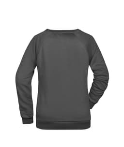 A dark grey ladies' sweatshirt with a round neckline and long raglan sleeves. It features a logo on the back.