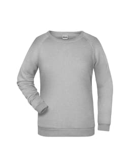 A grey ladies sweatshirt with a round neckline and long sleeves, featuring a logo on the front.