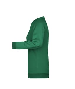 A green ladies' sweater featuring long sleeves and a crew neck. It has a logo on the front.
