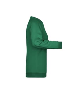 A green ladies' jumper, featuring a classic sweater design and long sleeves. It has a logo on it.