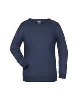 A navy blue ladies' jumper features a classic crew neck and long sleeves, with a simple design and a logo.