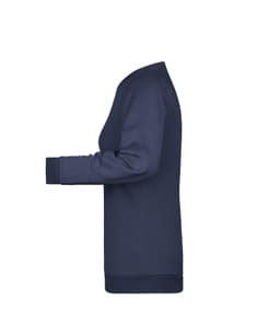 A navy blue ladies' sweater featuring a round neckline and ribbed cuffs. The product includes a logo.