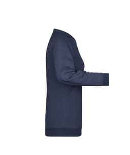 A navy ladies' sweater displayed in a side view, featuring long sleeves and a ribbed hem. It has a subtle logo.