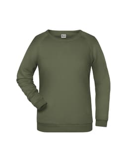 A green women's sweatshirt with a crew neckline and long sleeves. It features a logo on the front.