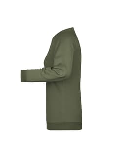 A green ladies' promotional sweatshirt featuring long sleeves and a crew neck, side view. Logo present.