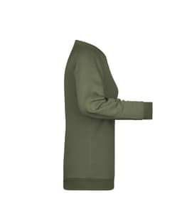 An olive green ladies' sweater with a crew neck and long sleeves, featuring fitted cuffs and hem.