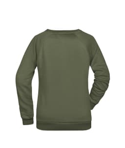 A green ladies' sweater featuring a simple design with a logo at the back. It has long sleeves and a rounded neckline.