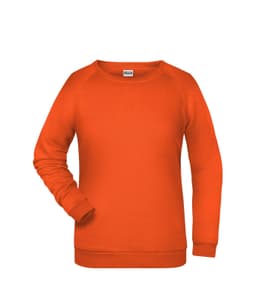 An orange jumper featuring a crew neckline and long sleeves. It has a logo on the front.