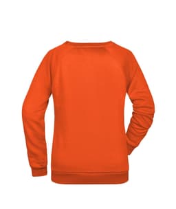 An orange jumper with long sleeves and a rounded neckline, featuring a logo on the back.