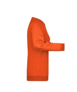 An orange ladies' sweatshirt with a fitted silhouette, featuring long sleeves and a crew neckline. It has a branding logo.