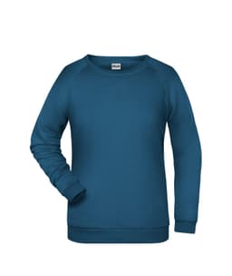 A teal ladies' jumper with a crew neckline and long sleeves, featuring a ribbed hem and cuffs.