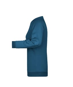 A teal ladies’ sweater featuring long sleeves and a ribbed cuff, with a branding logo on the fabric.