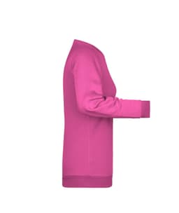 A pink women's sweater featuring long sleeves and a round neckline. It has a logo on the side.