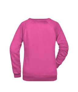 A pink jumper with long sleeves and a round neckline, featuring a logo on the back.