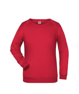 A red jumper featuring a crew neck and long sleeves. It has a simple design and includes a logo.