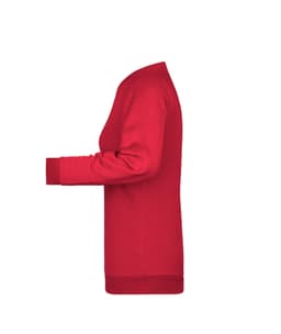 A red ladies' sweater with long sleeves and a crew neckline, featuring a branding logo.