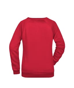A red ladies' sweatshirt featuring a simple design with long sleeves and a rounded neckline. It has a logo on the back.