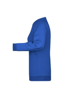 A blue promotional sweater with a round neck and long sleeves, featuring a subtle logo.