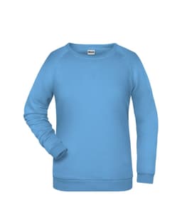 A blue ladies' jumper with a round neckline and long sleeves, featuring a logo on the front.
