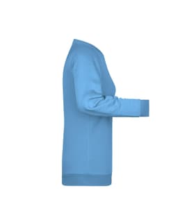 A blue ladies sweater features long sleeves and a round neck, showcasing a side view. It includes a branding logo.