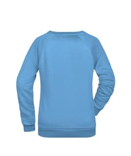 A blue ladies' sweatshirt featuring a simple design and a logo on the back.