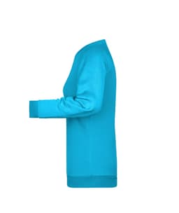 A side view of a turquoise ladies' sweater, featuring long sleeves and a round neckline. The sweater has a logo.