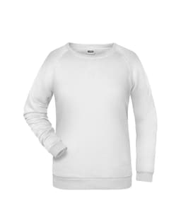 A white women's jumper with long sleeves and a rounded neckline. It features a logo on the front.