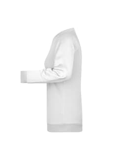 A white ladies jumper sweater with long sleeves and a ribbed cuff. It features a logo on the front.