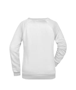 A white women's sweater featuring a simple design and a logo on the back.